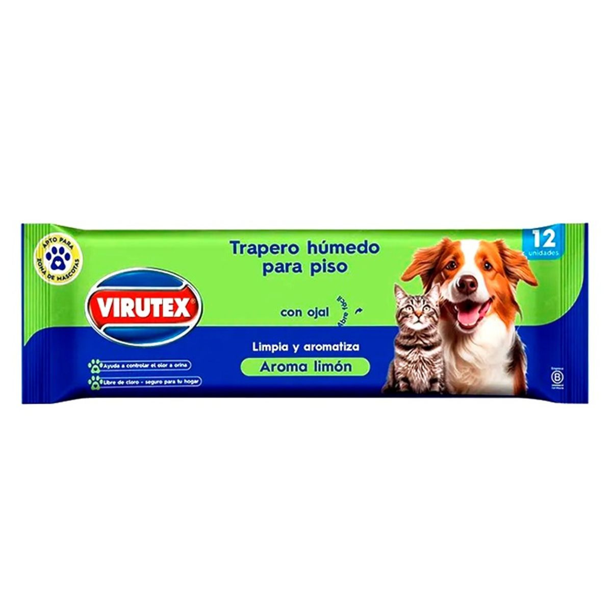 VIRUTEX - PACK X 4 TRAPERO HÚMEDO PETS 12 UND  LIMÓN  VIRUTEX