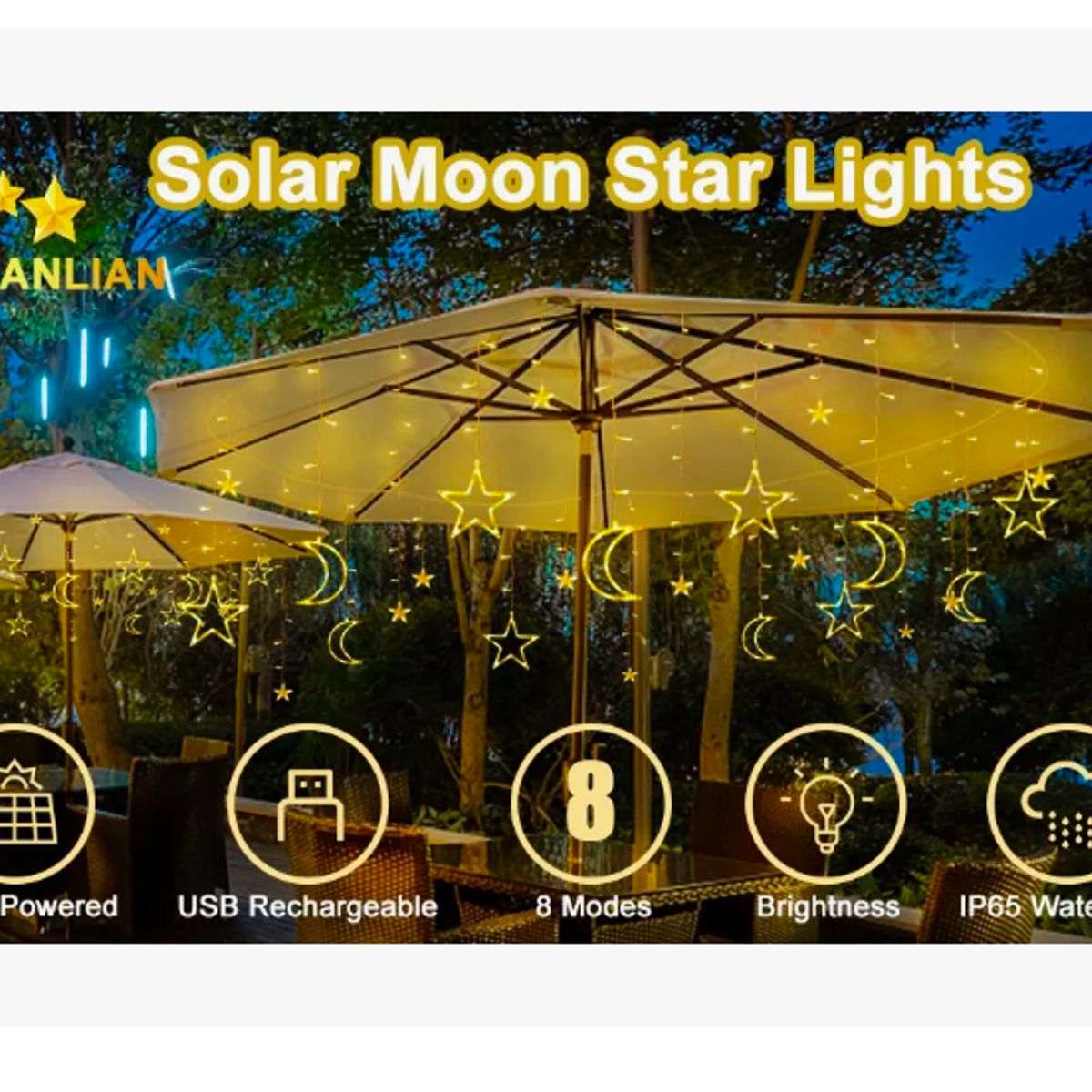 GENERICO - Guirnalda Cortina Led Luces Estrella Luna Energía Solar