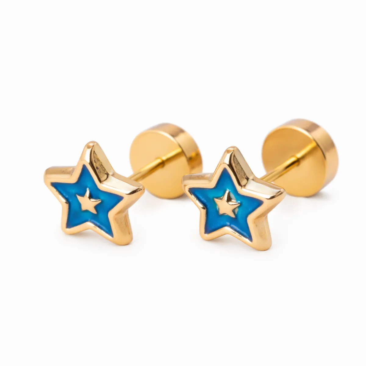 JIREH JOYAS - Aros Estrella Azul 5mm Oro 14K Abridores A Presión Bebé Niña Hipoalergénicos
