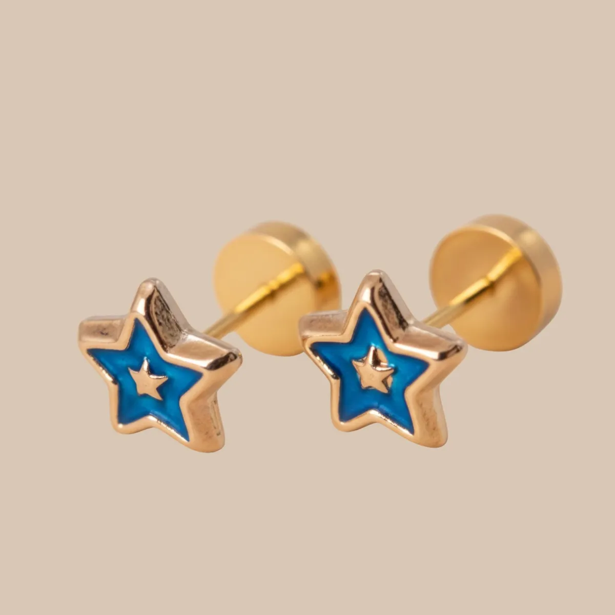 JIREH JOYAS - Aros Estrella Azul 5mm Oro 14K Abridores A Presión Bebé Niña Hipoalergénicos