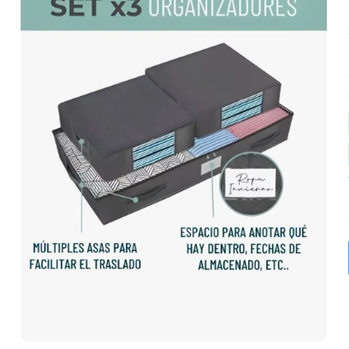 GENERICO - Juego De 3 Organizadores De Almacenamiento De Ropa Bajo Cama