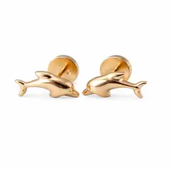 JIREH JOYAS - Aros Abridores Delfín 4x9mm Oro 14K A Presión Bebé Niña Hipoalergénicos