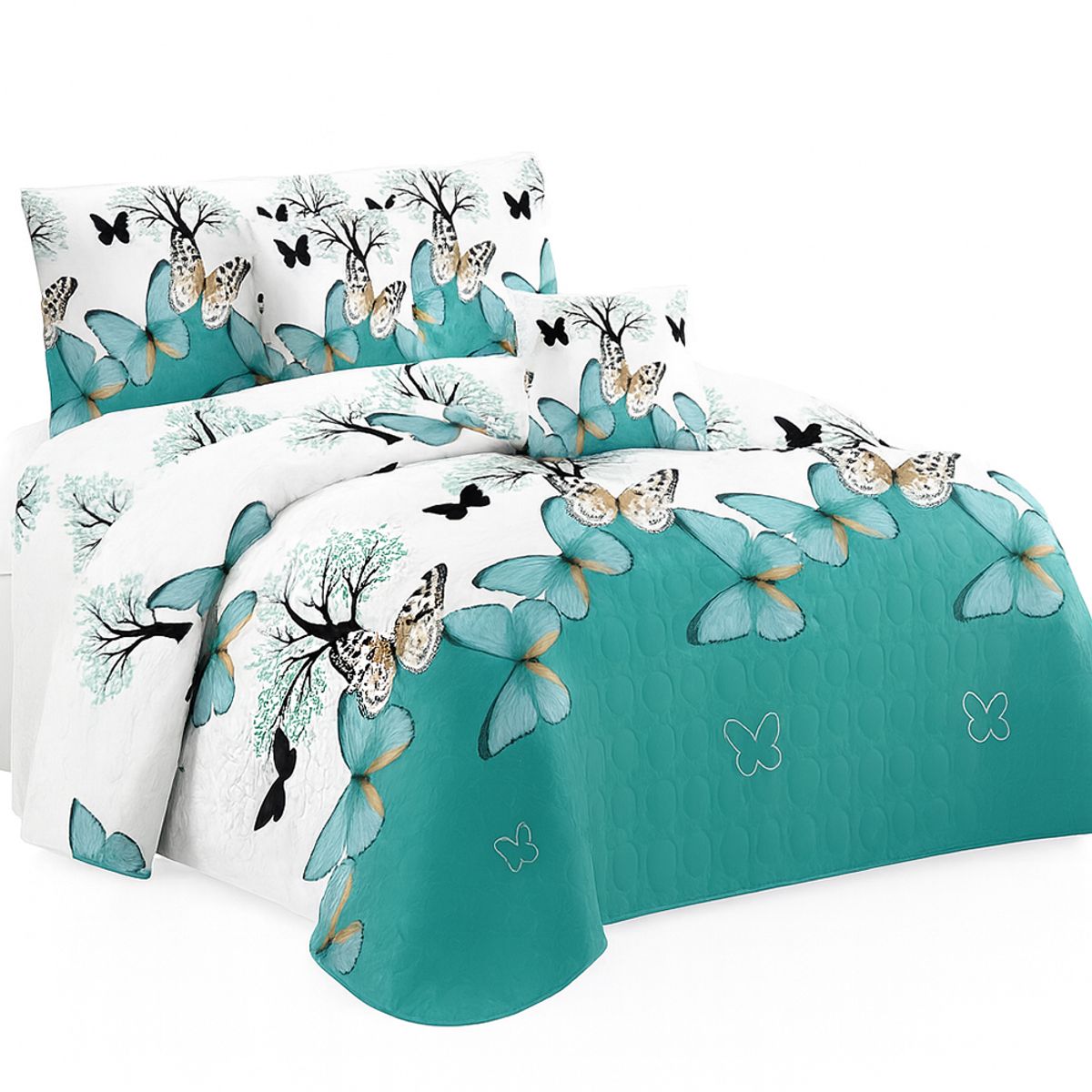 GENERICO - Cubrecama De Verano Verde Estampado Mariposas Plaza y Media