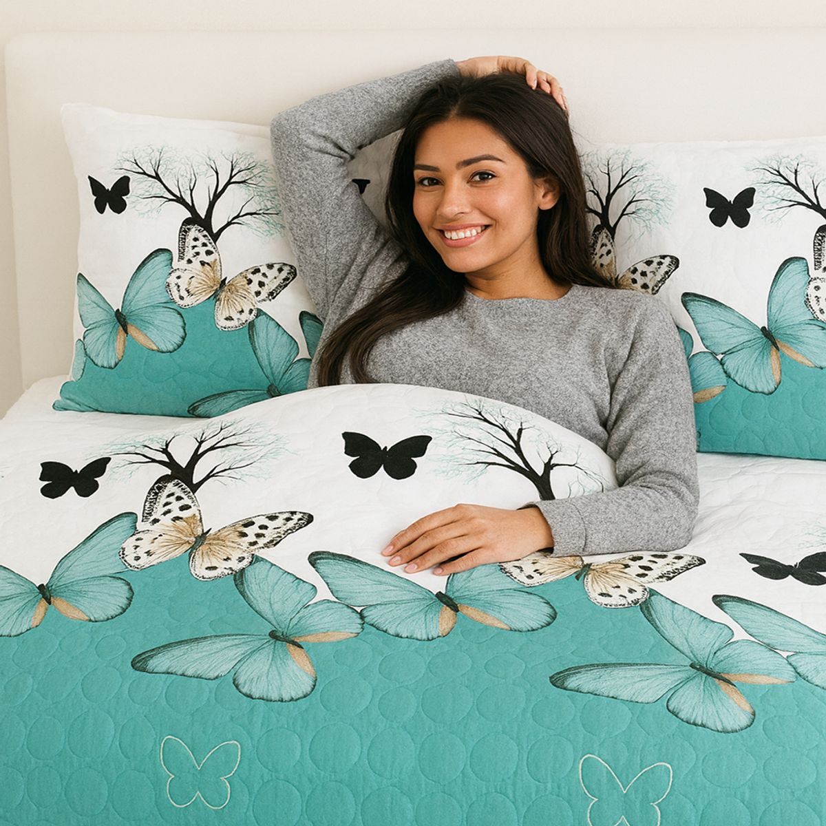 GENERICO - Cubrecama De Verano Verde Estampado Mariposas Plaza y Media
