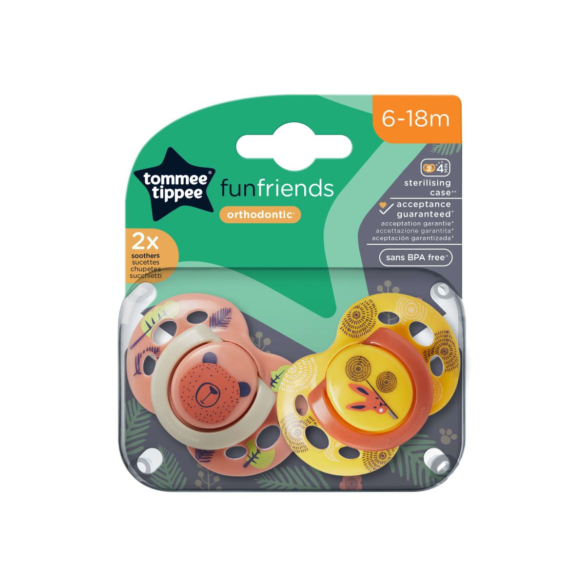 TOMMEE TIPPEE - CHUPETE DE SILICONA FUNFRIENDS 2 UNIDADES 6-18 MESES ROSA-AMARILLO