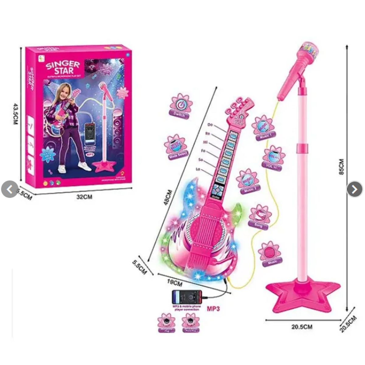 GENERICO - Set Guitarra Microfono Pedestal Juguete Mp3 Luces Rosada