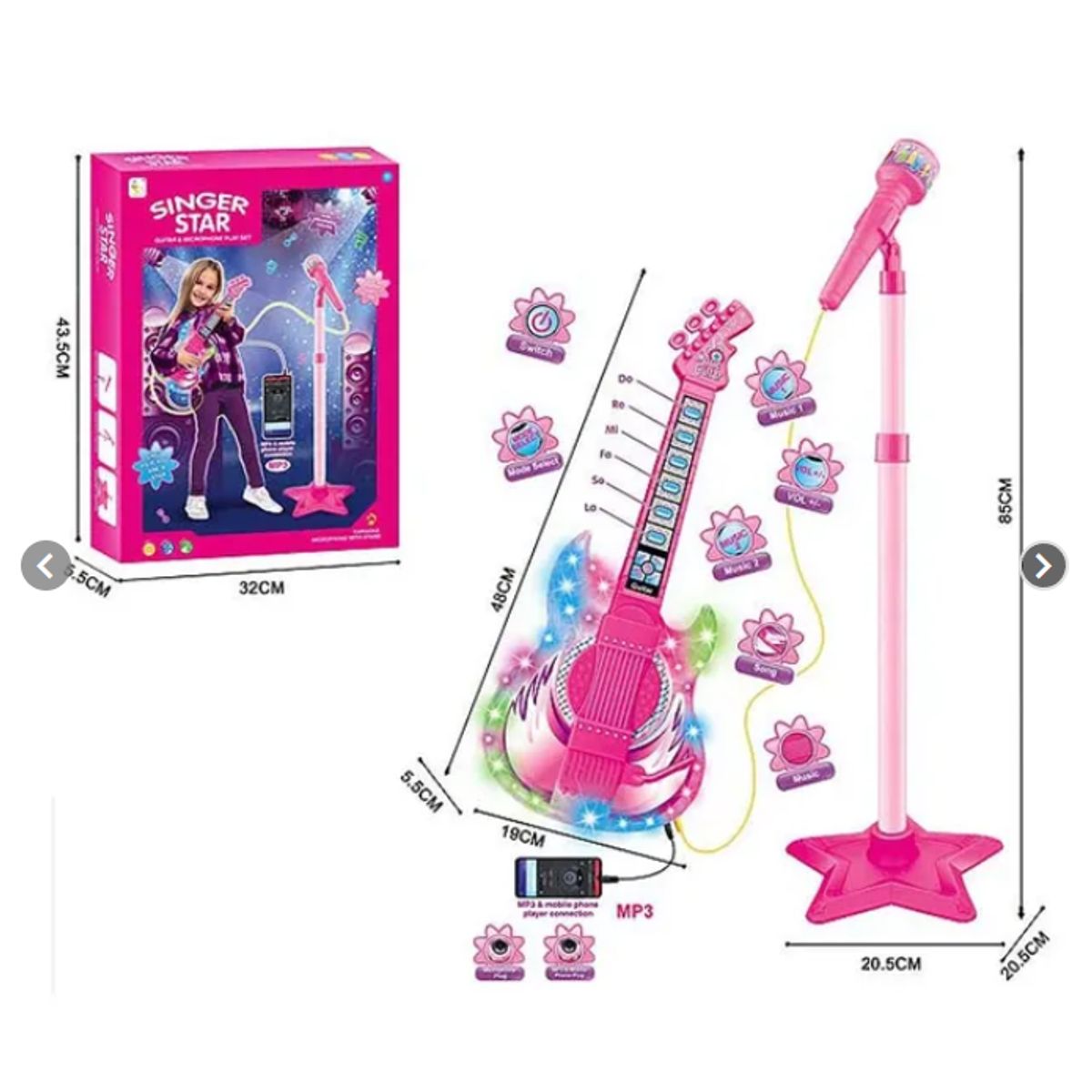 GENERICO - Set Guitarra Microfono Pedestal Juguete Mp3 Luces Rosada