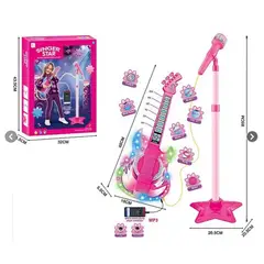 GENERICO - Set Guitarra Microfono Pedestal Juguete Mp3 Luces Rosada