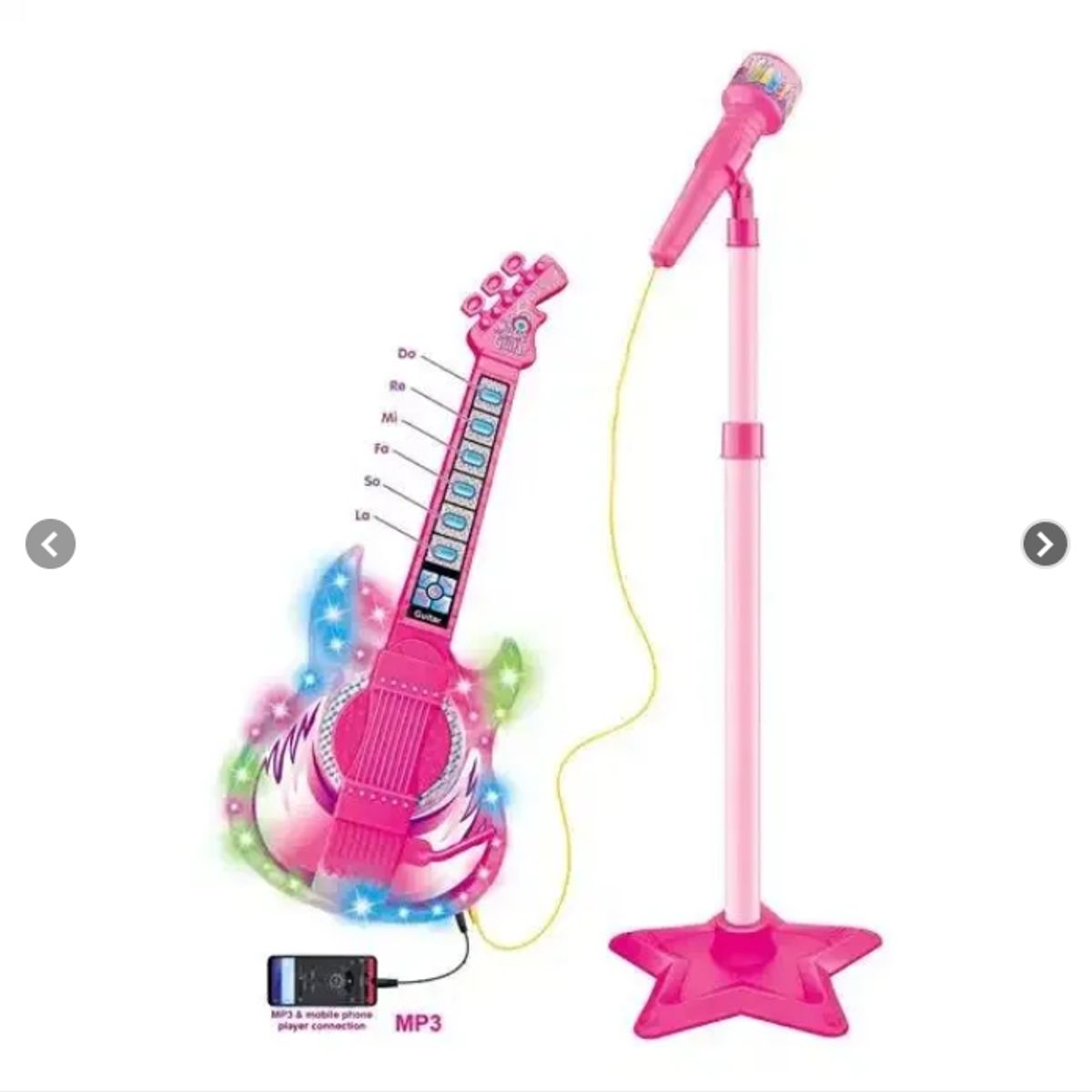 GENERICO - Set Guitarra Microfono Pedestal Juguete Mp3 Luces Rosada
