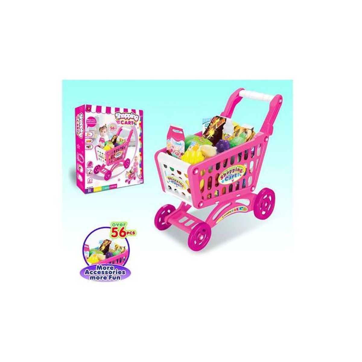 GENERICO - Carrito Supermercado Para Niños 56 Piezas Rosado Accesorios