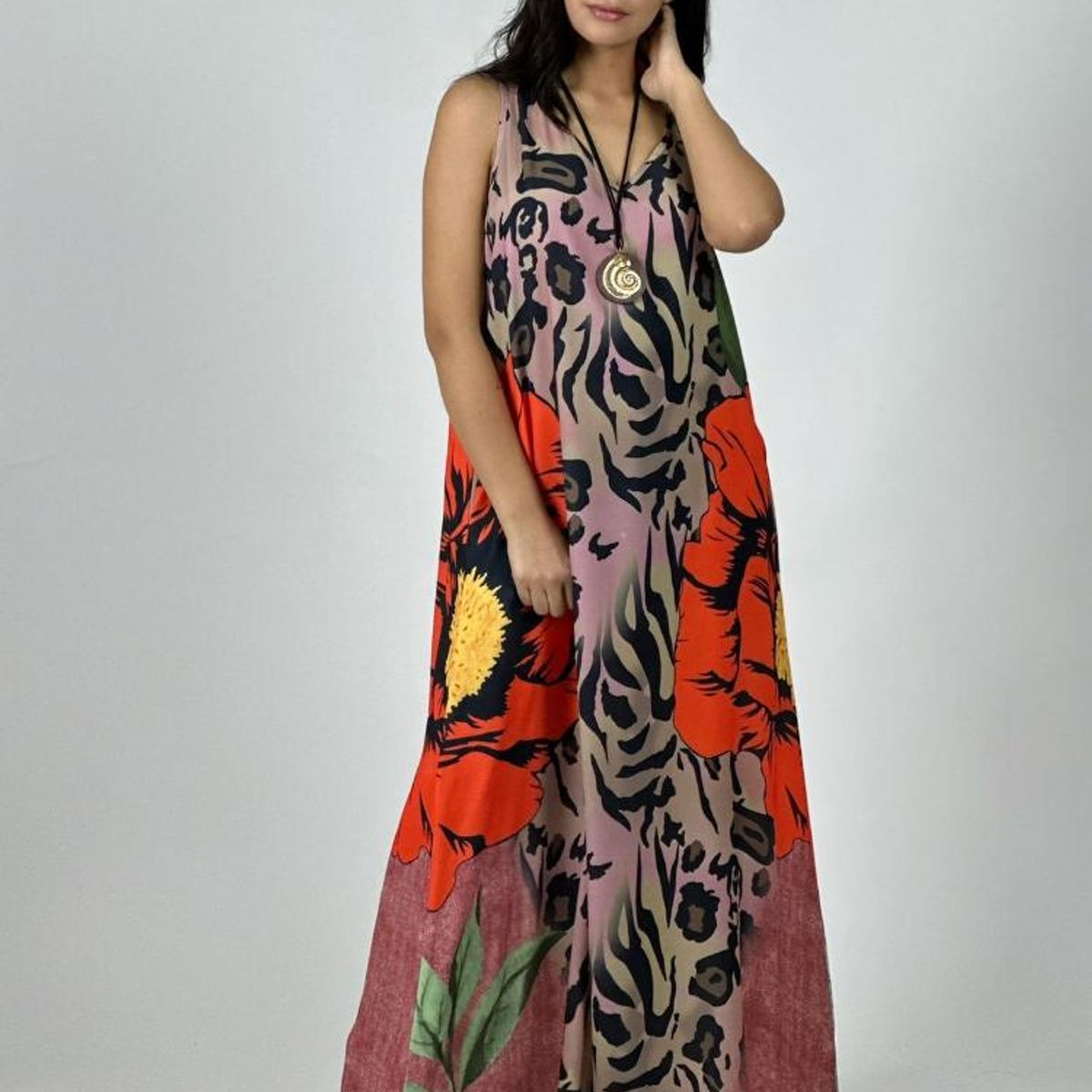 ENIGMATICA BOUTIQUE - Vestido Crepé Animal Print con Flor