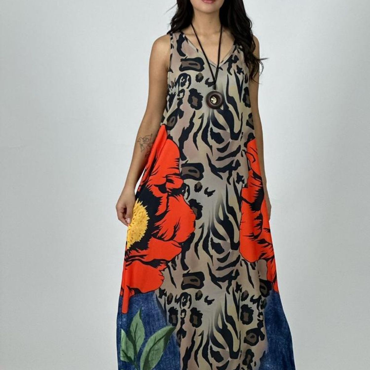 ENIGMATICA BOUTIQUE - Vestido Crepé Animal Print con Flor