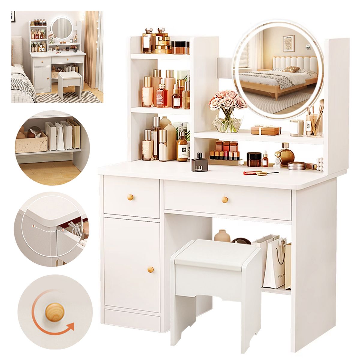 WUWAWDOGA - Tocador De Maquillaje Con Espejo Led Escritorio Con 2 Cajone 80x24x125cm Blanco