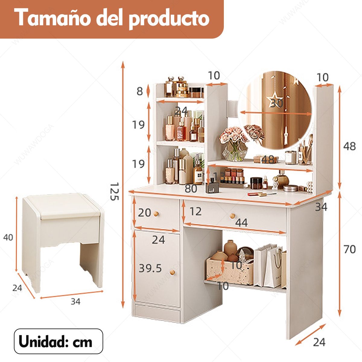 WUWAWDOGA - Tocador De Maquillaje Con Espejo Led Escritorio Con 2 Cajone 80x24x125cm Blanco
