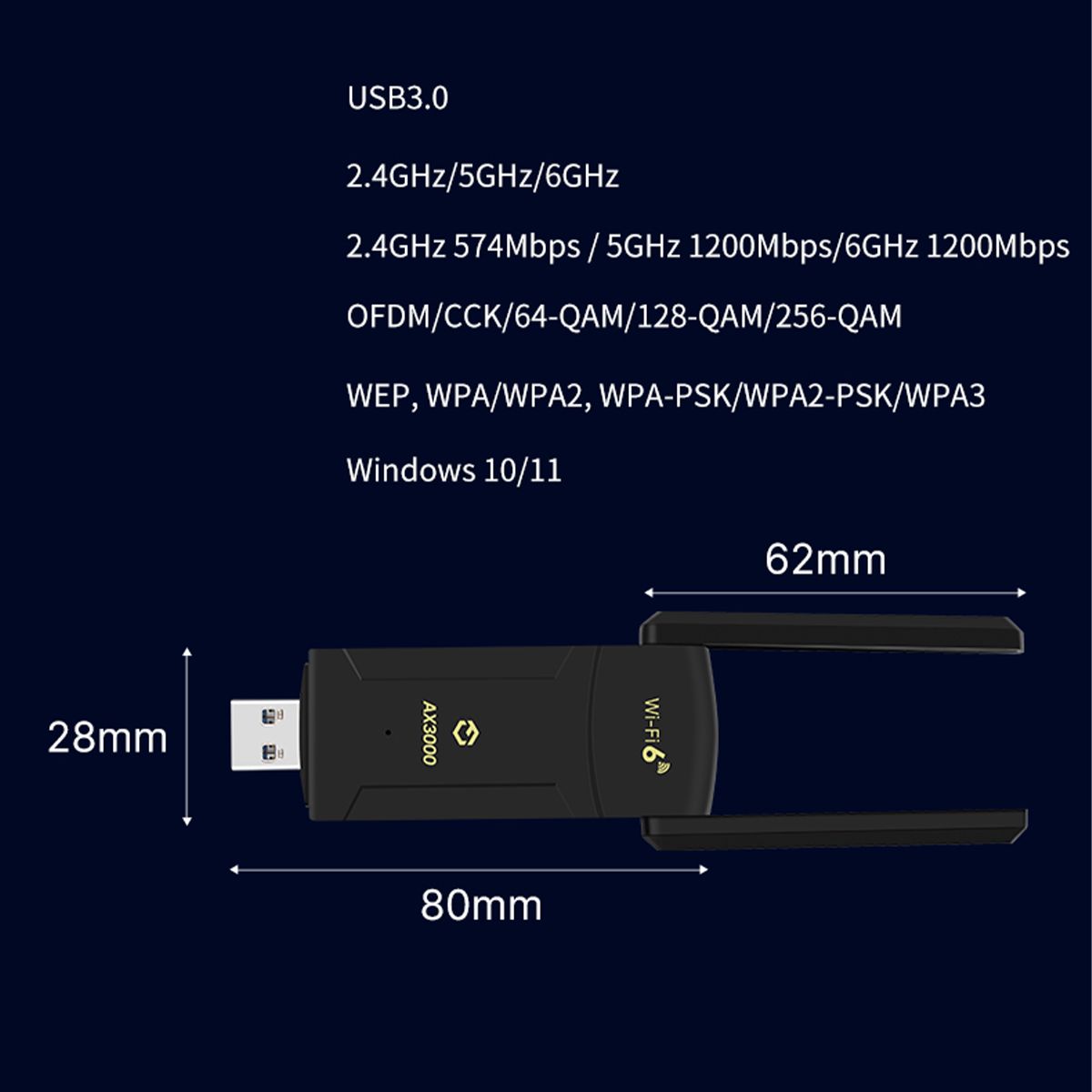 GENERICO - Adaptador USB WiFi 6E AX3000 Mbps Tri-Band y Bluetooth 5.2 para PC