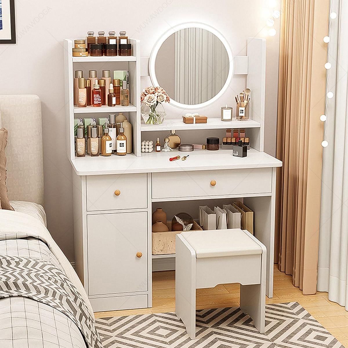 GENERICO - Tocador Madera Con Espejo Luz Melamina Blanco 80x34x125cm