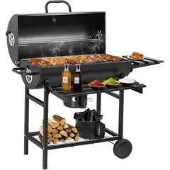 YOMYM - Parrilla a Carbón Con Bandejas Laterales Tapa Ruedas Fierro Sencillo