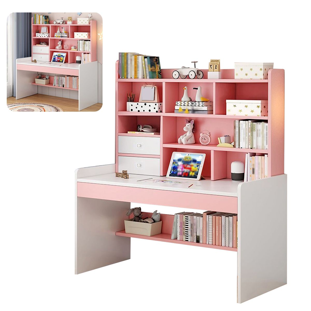 GENERICO - Escritorio Rosa Con Estante De Almacenamiento Y 2 Cajones