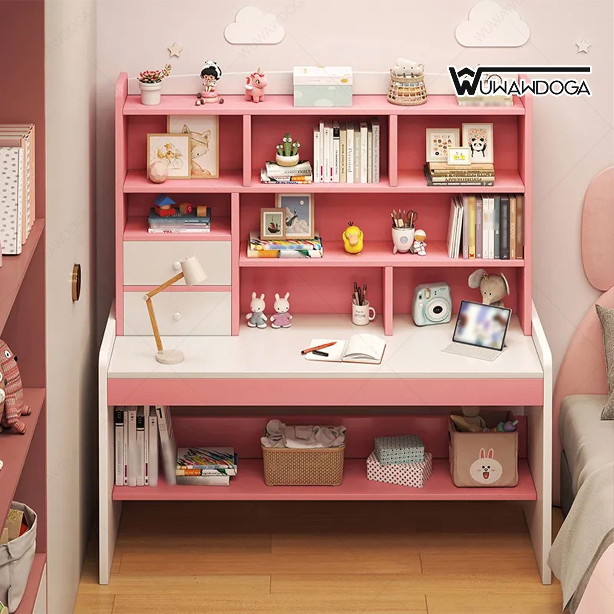 GENERICO - Escritorio Rosa Con Estante De Almacenamiento Y 2 Cajones