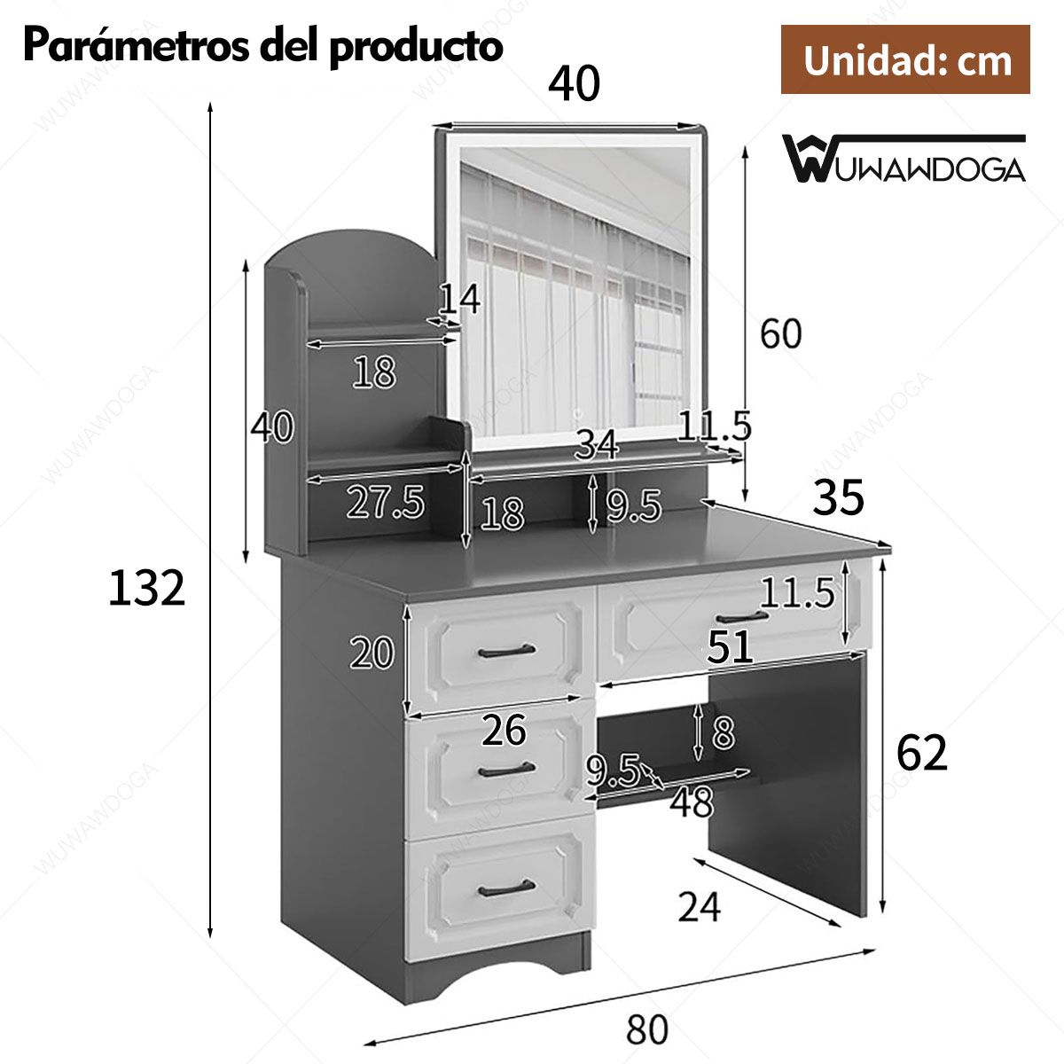 WUWAWDOGA - Tocador Moderno Melamina Con Espejo Luz y 4 Cajones  80*24*132cm Gris oscuro