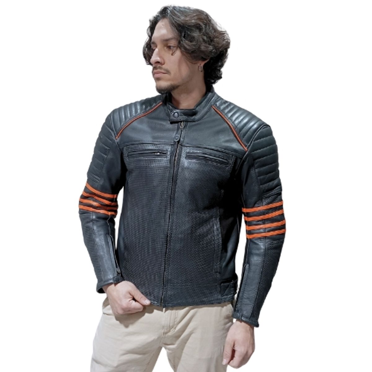WINDESIGN - Chaqueta Moto Cuero genuino con protecciones