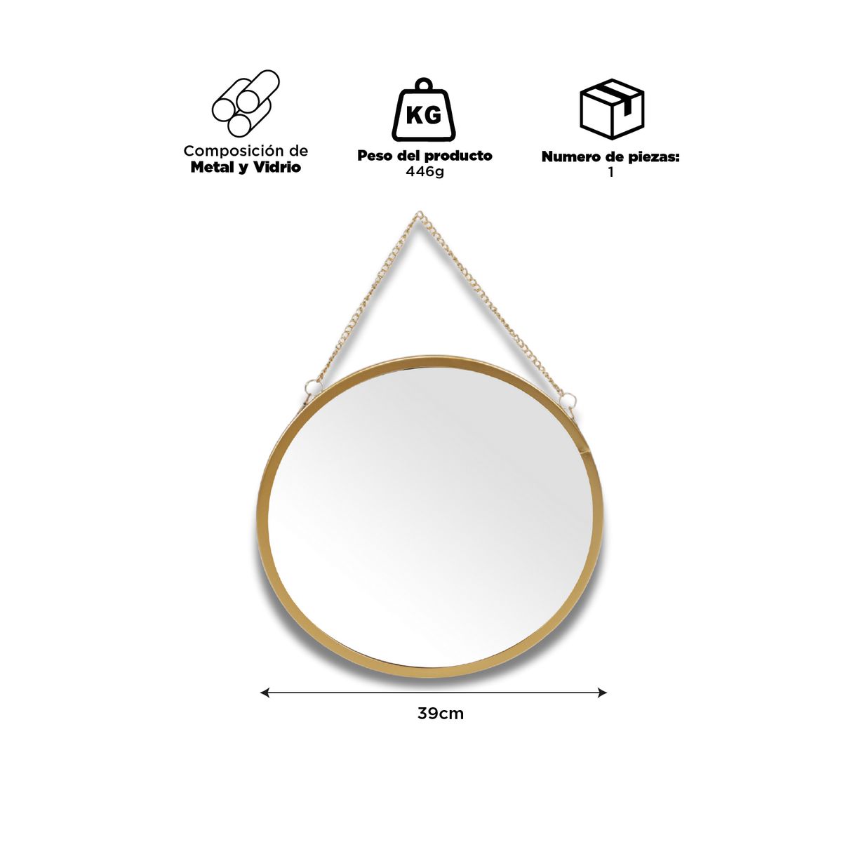 INSPIRACCI - Espejo Colgante Redondo Dorado 39cm