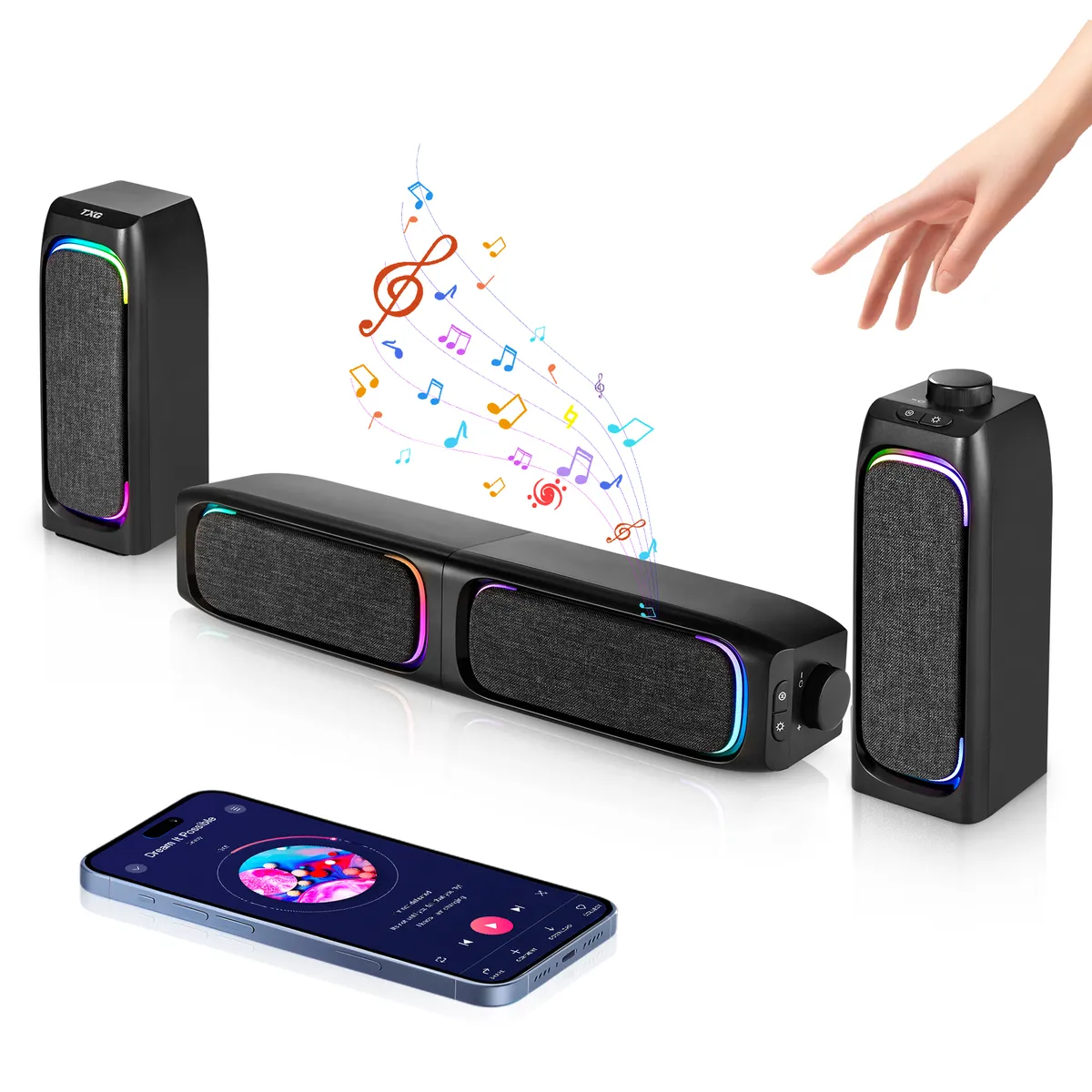 BLUEDREAMER - Parlante Gamer Pc Tv RGB Inalámbricos Con Subwoofer Soundbar