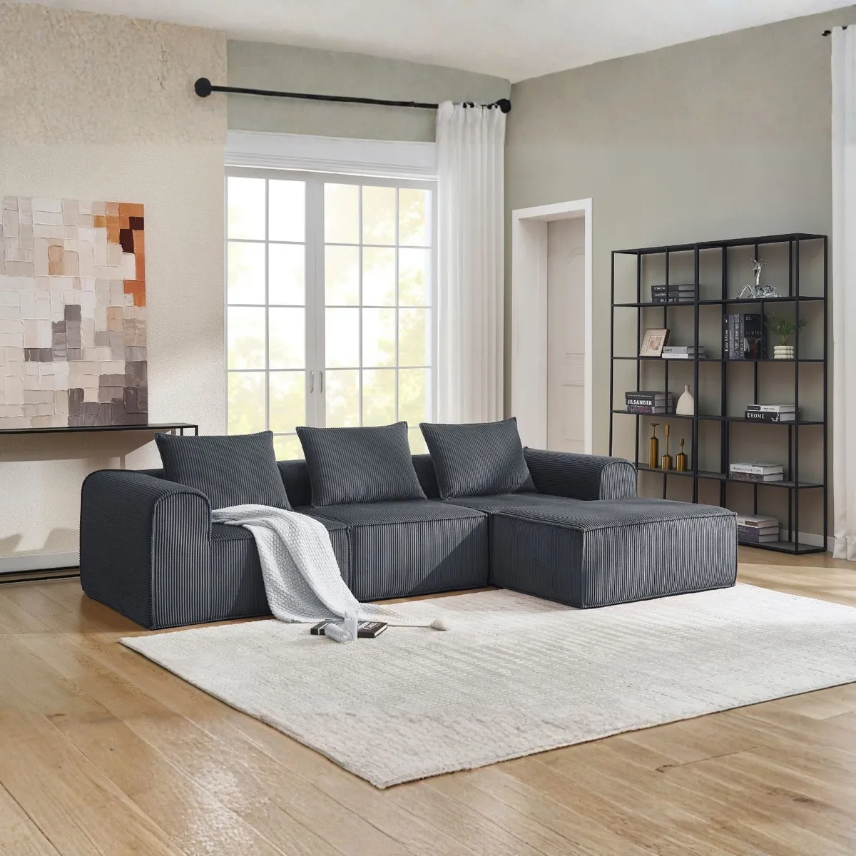 SOFA IN A BOX - Sofa Loop 3 Cuerpos + Pouf - Espuma Comprimida -270x58x170 Azul Grafito A1234