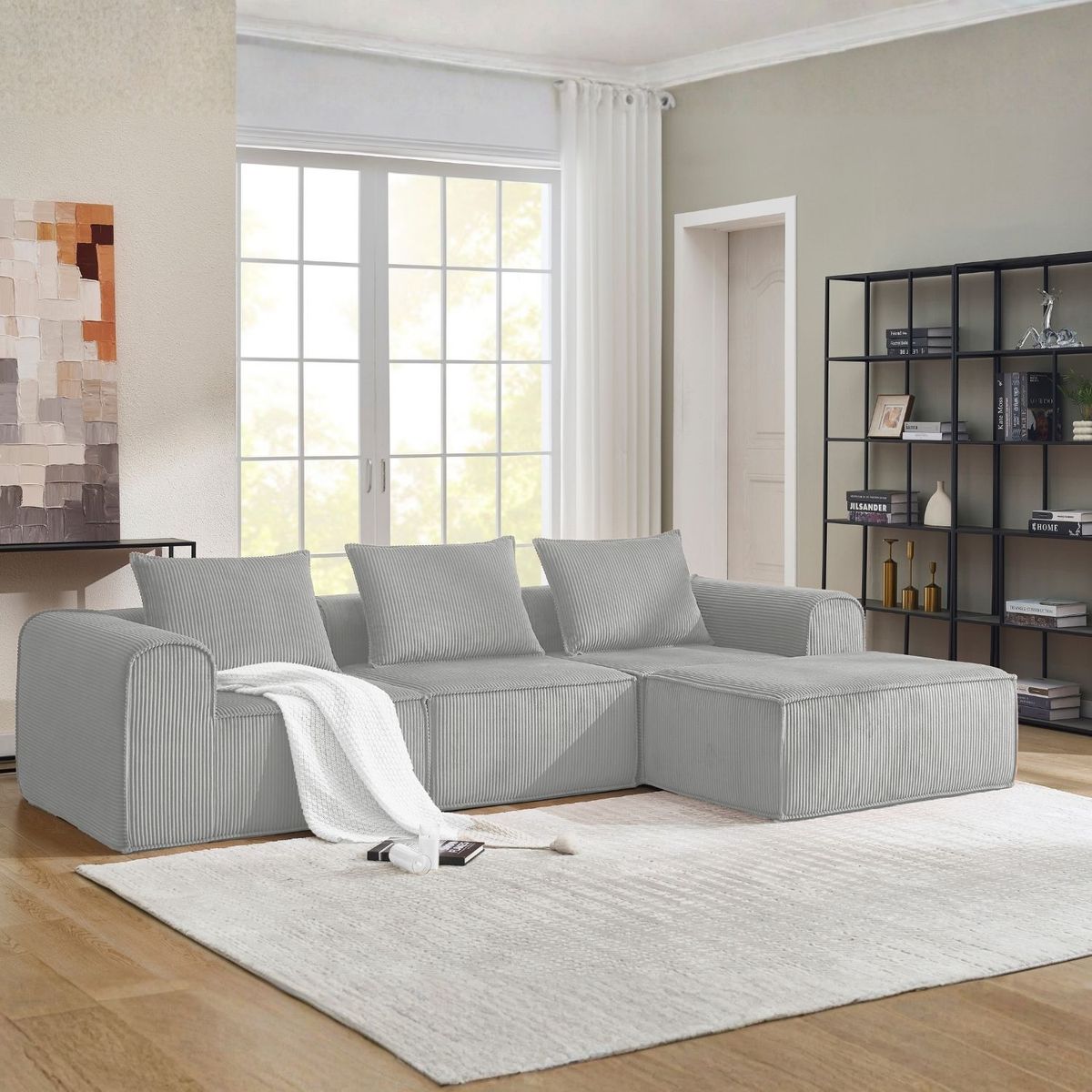 SOFA IN A BOX - Sofa Loop 3 cuerpos + Pouf - Espuma Comprimida -270x58x170 Gris claro G1234