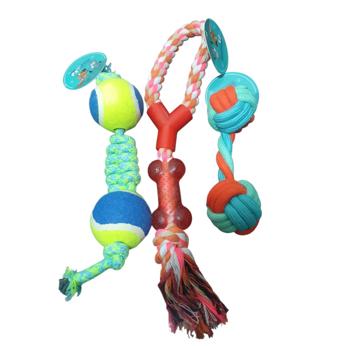 Pack 3 Juguetes De Perro Pelotas Trenzada y Cuerda Con Hueso, marca GENERICO - Foto Principal