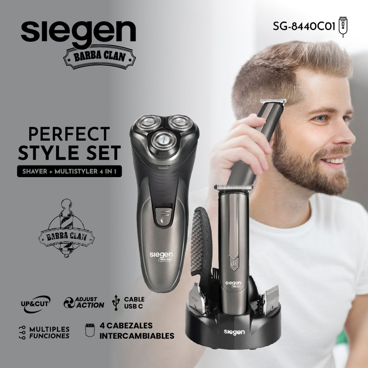 SIEGEN - Set Cortapelos y Afeitadora SG-8440C01 4 en 1+Base Cargadora