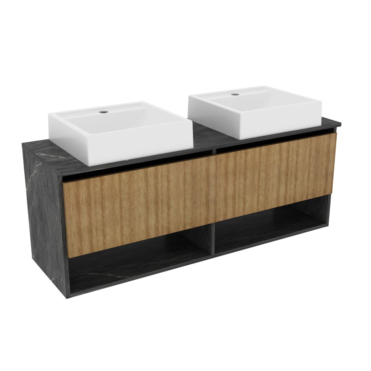 TECNOMOBILI - MUEBLE BAÑO AEREO 2 LAVAMANOS 2 PUERTAS MARMOL LUNAR/ALMENDRA