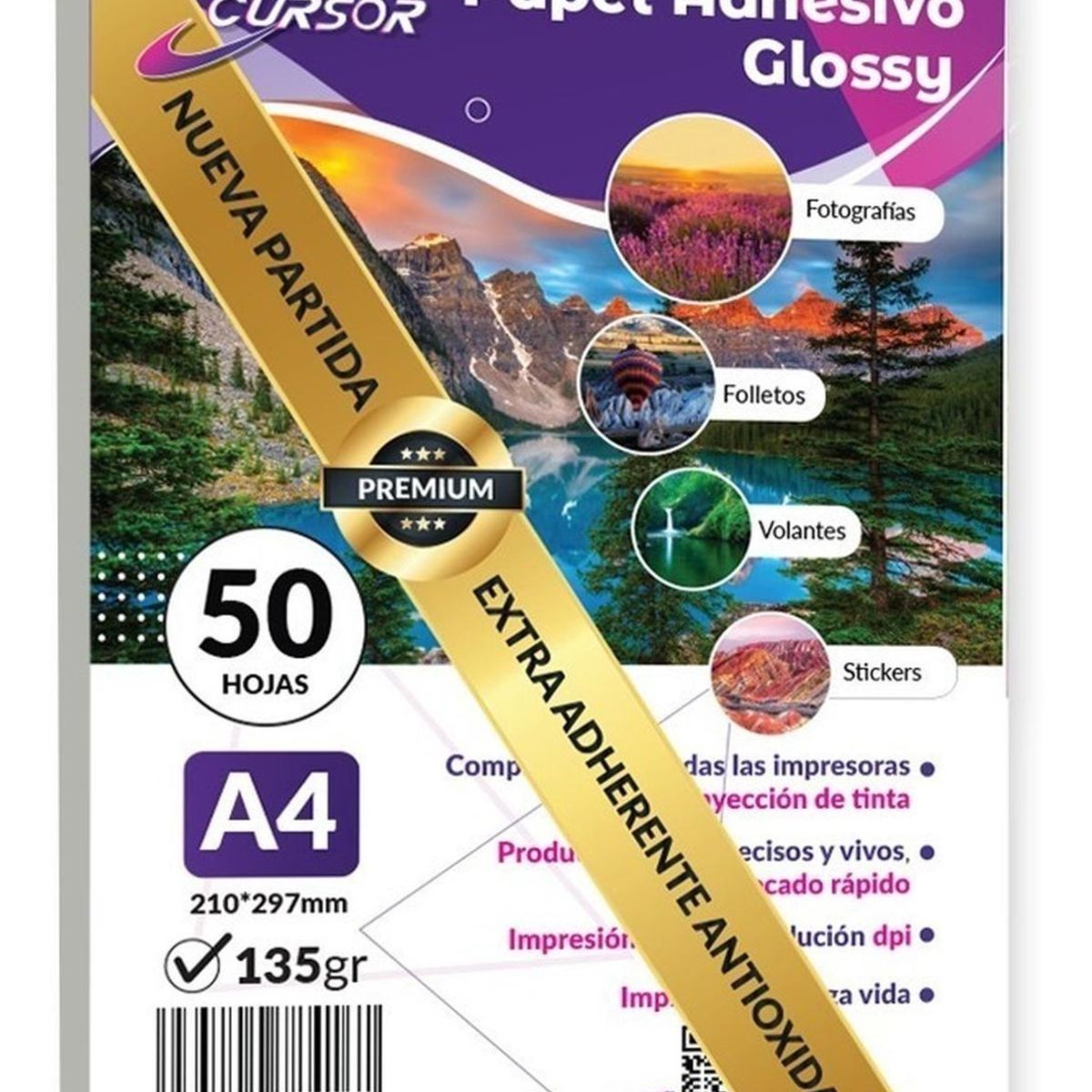 CURSOR - Papel Fotografico A4 135g Glossy Pack 50 Adhesivo - Blanco