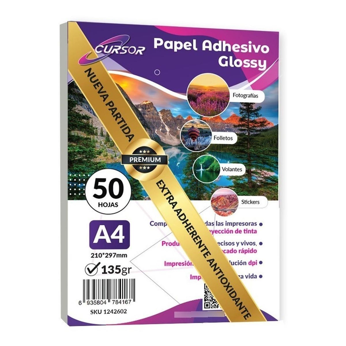 CURSOR - Papel Fotografico A4 135g Glossy Pack 50 Adhesivo - Blanco