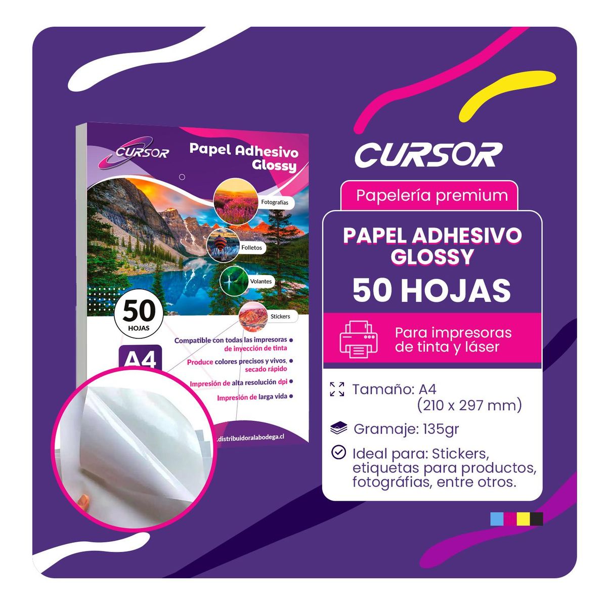 CURSOR - Papel Fotografico A4 135g Glossy Pack 50 Adhesivo - Blanco