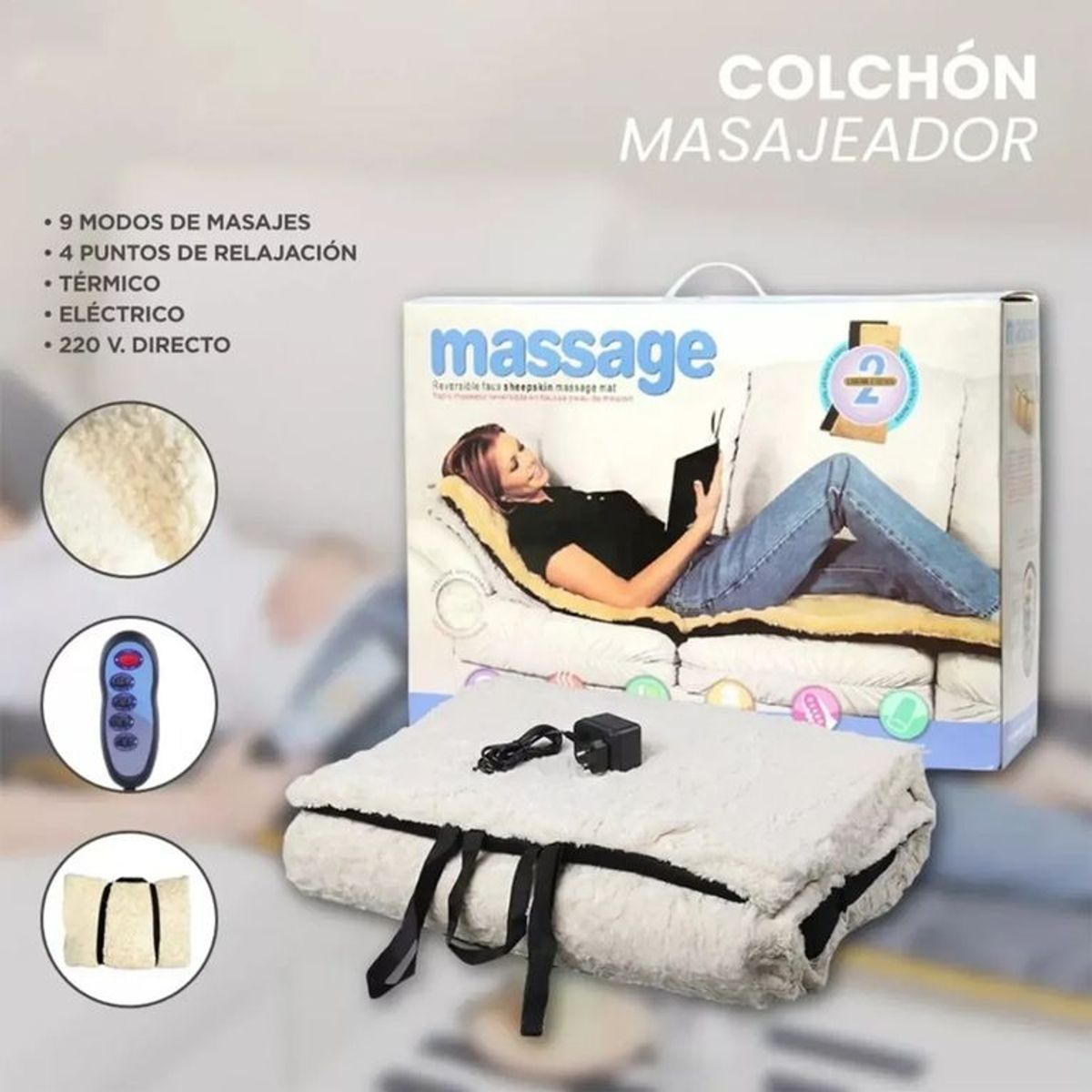 MOVI - COLCHONETA MASAJEADORA CON CALOR, 9 MODOS DE MASAJE, PORTATIL