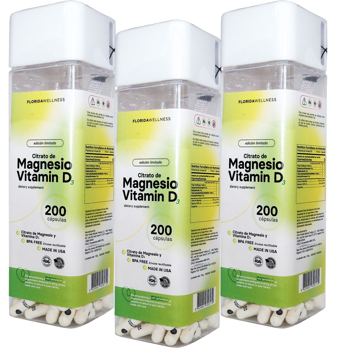 NATURAL FARM - 3 x Citrato De Magnesio + Vitamina D3 200 Caps