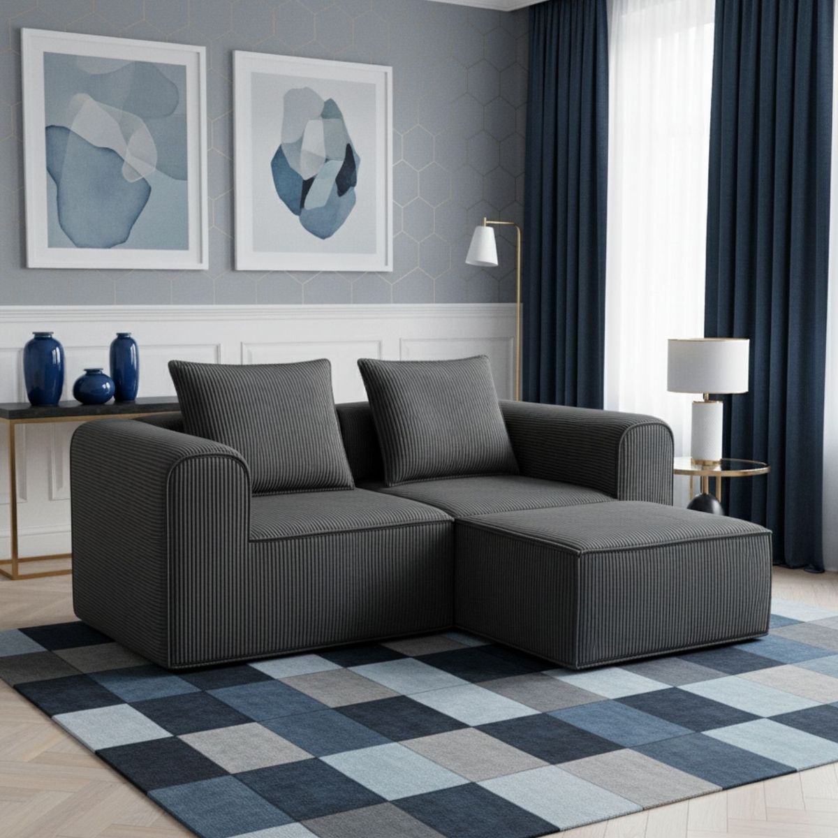 SOFA IN A BOX - Sofa Loop 2 Cuerpos + Pouf - Espuma comprimida - 194X57X170 Azul grafito A134
