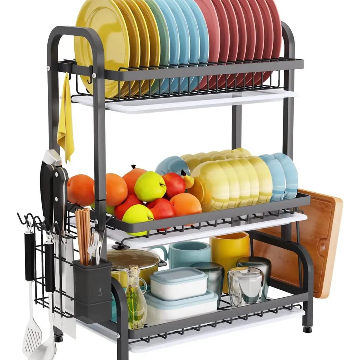 GENERICO - Secaplatos Acero Inoxidable 3 Niveles Escurridor Loza Negro Negro