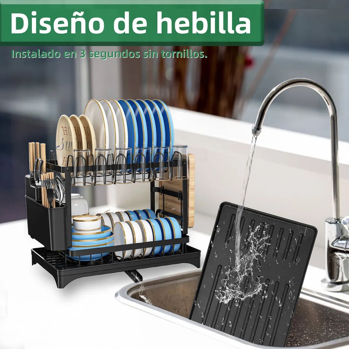 GENERICO - Secaplatos Escurridor Secador De Platos2 Niveles Cocina Negro