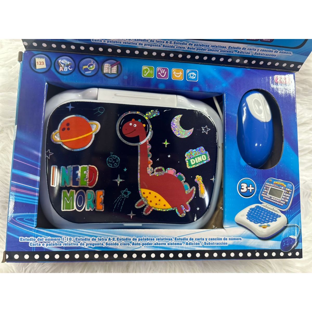 GENERICO - COMPUTADORA EDUCATIVA BILINGUE CON PANTALLA PARA NIÑO COLOR AZUL CON DISEÑO DINOSAURIO NES WYM