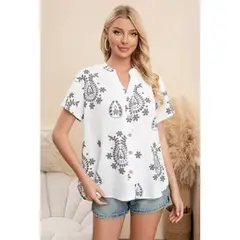 LIKE SHOP - Blusa Mujer Manga Corta Algodón Botones Diseño Estampado 0076