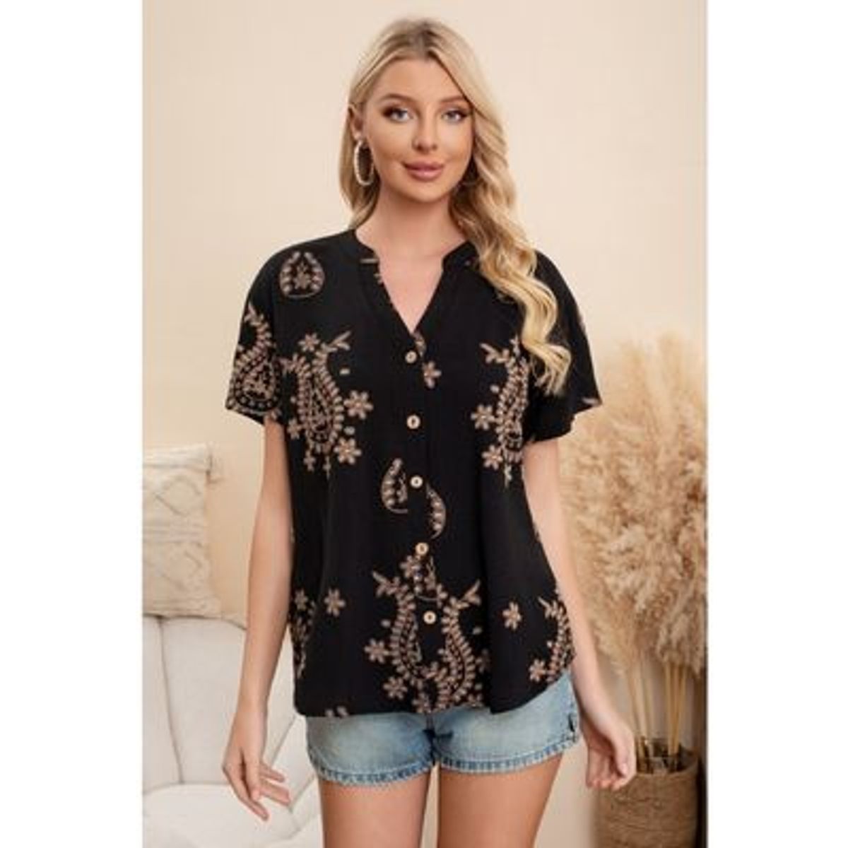 LIKE SHOP - Blusa Mujer Manga Corta Algodón Botones Diseño Estampado 0076