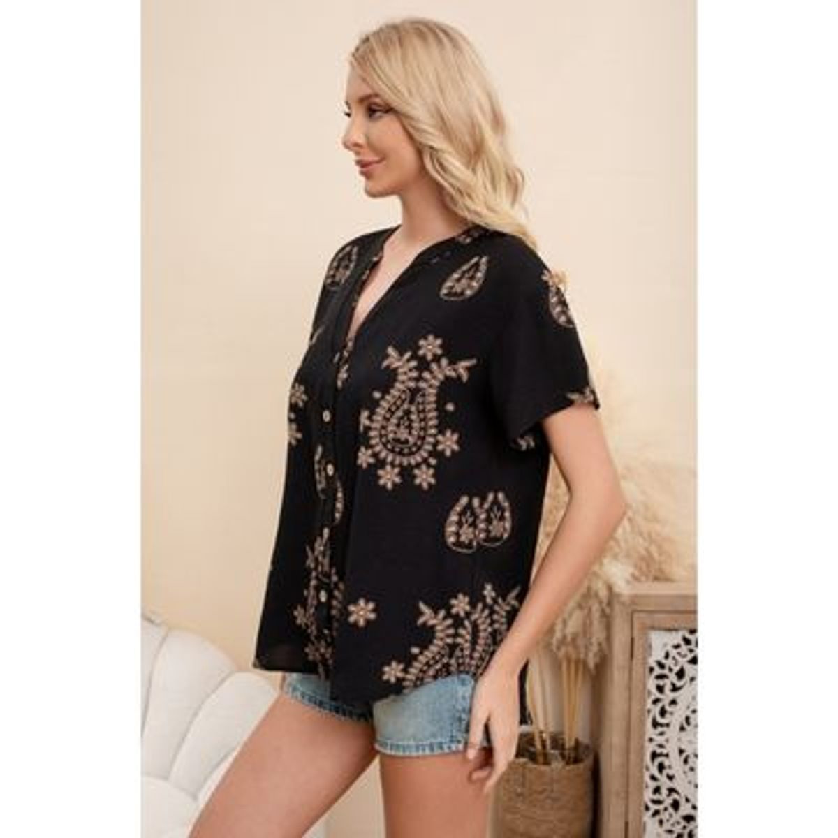 LIKE SHOP - Blusa Mujer Manga Corta Algodón Botones Diseño Estampado 0076