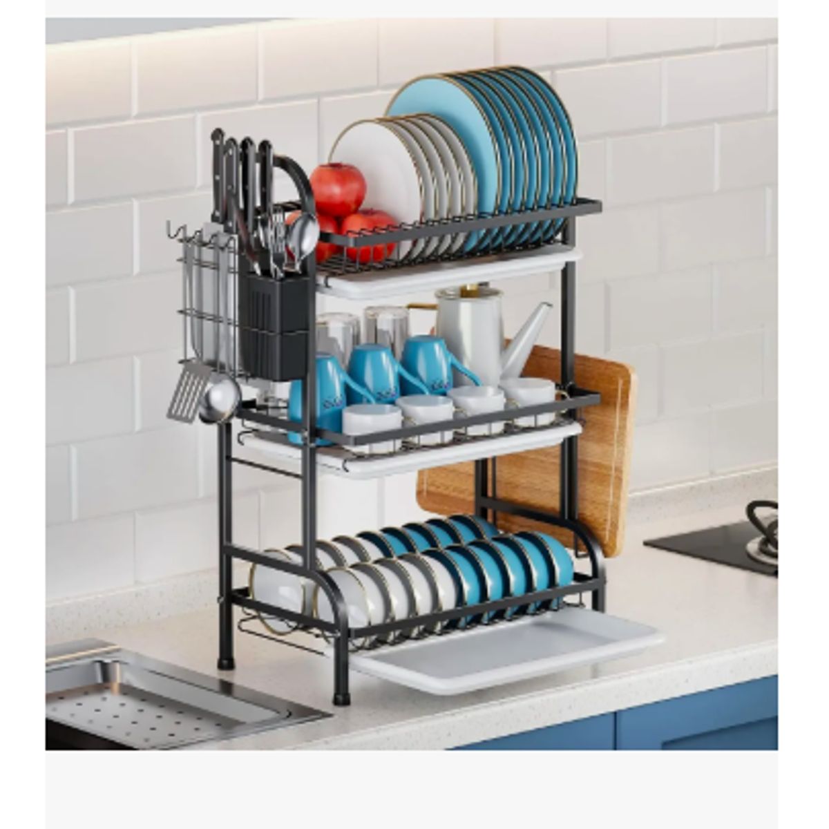 GENERICO - Escurridor De Loza Platos De Acero Inoxidable De 3 Niveles Negro