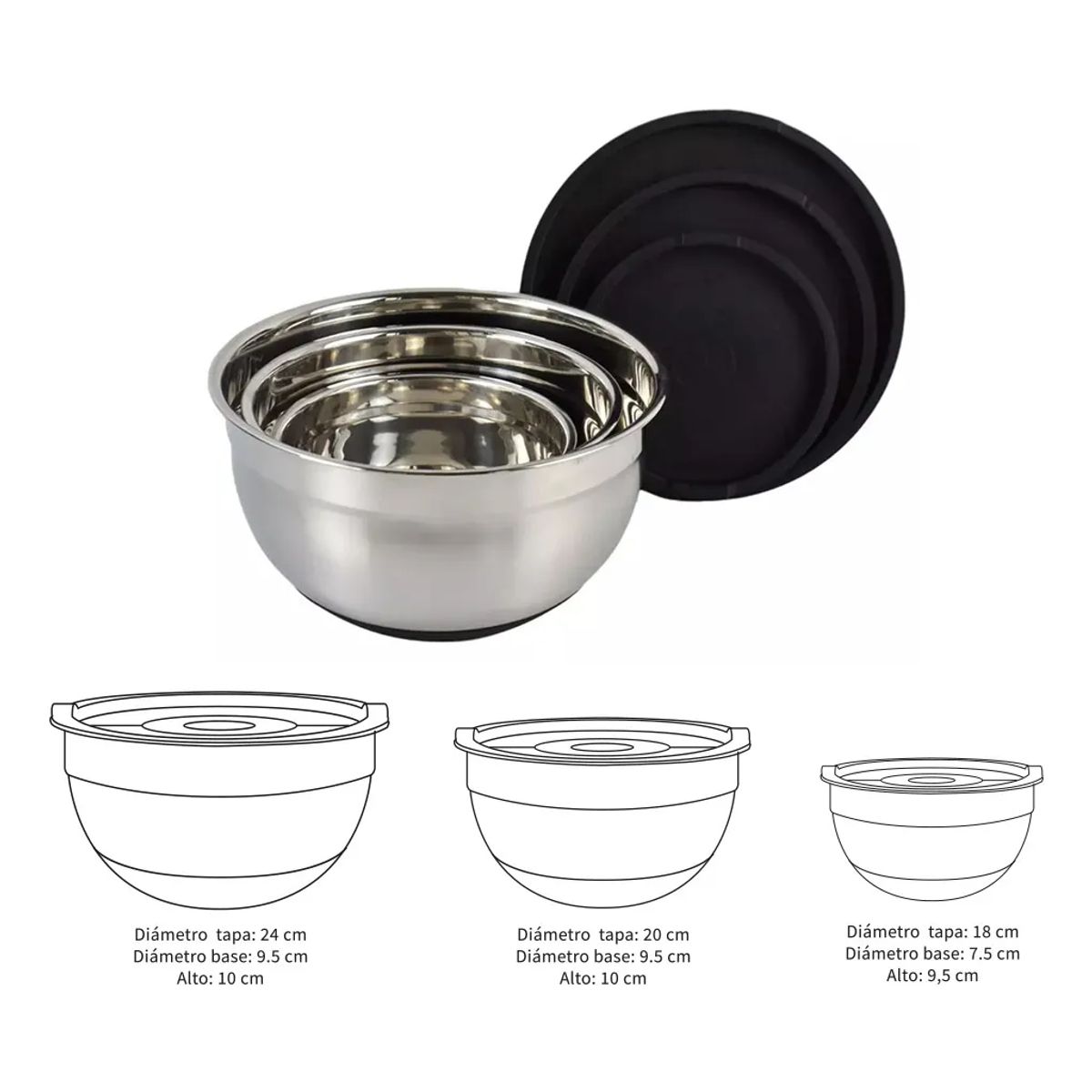 GENERICO - 3 Bowls Con Tapa Acero Inoxidable Antideslizante Color Negro