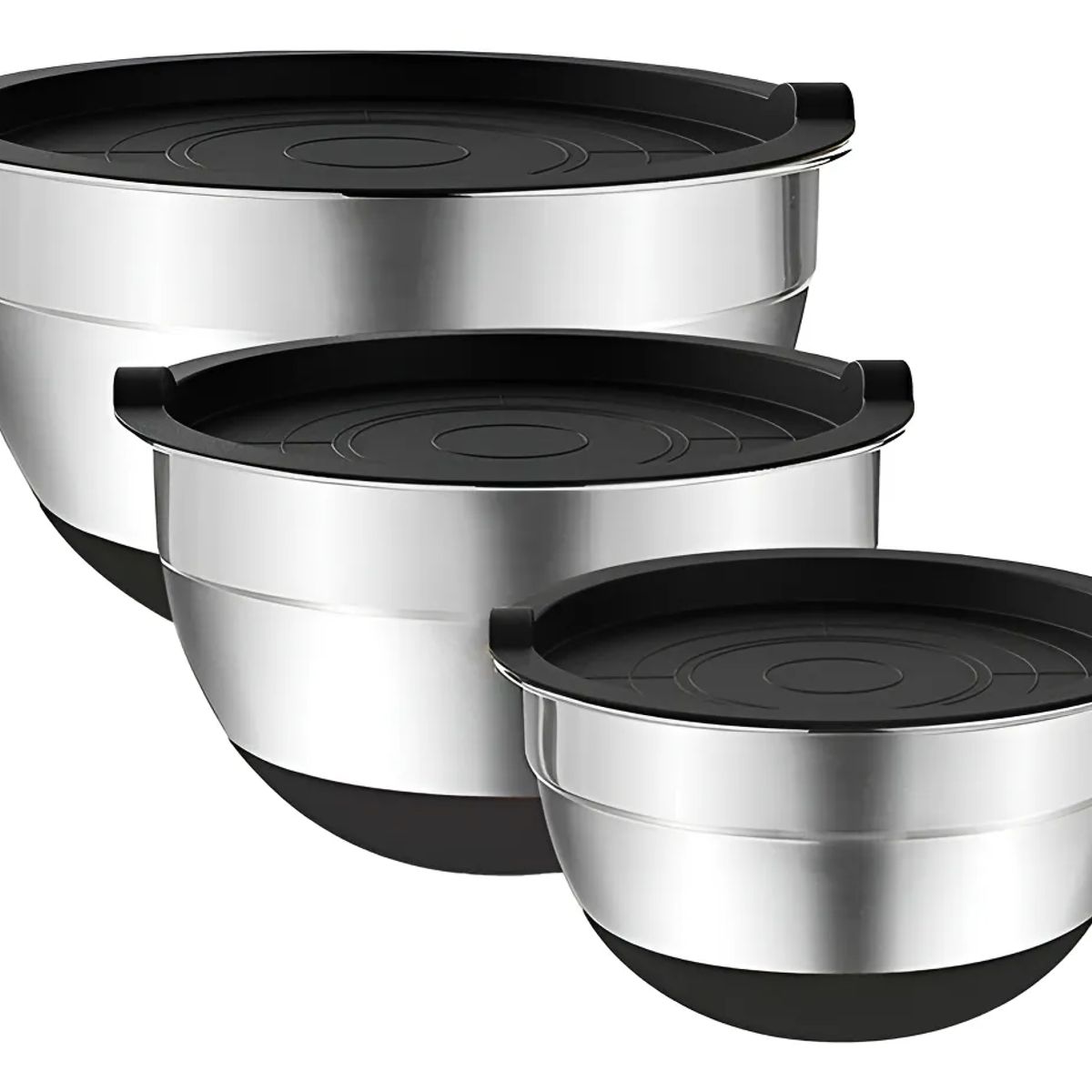 GENERICO - 3 Bowls Con Tapa Acero Inoxidable Antideslizante Color Negro