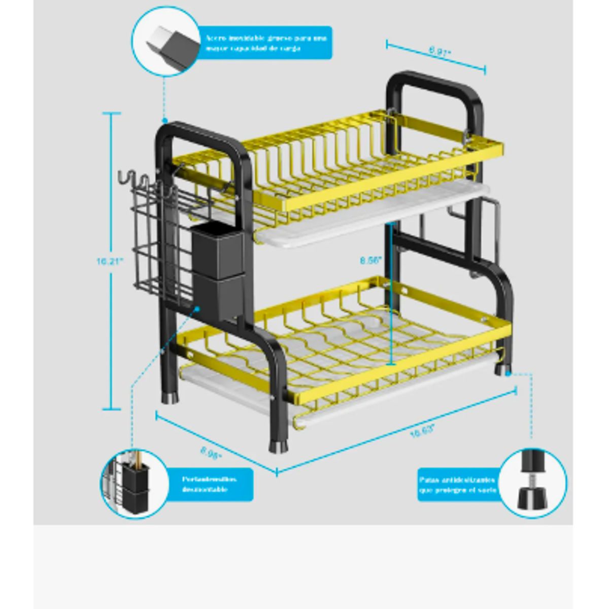 GENERICO - Secador 2 Niveles Escurridor De Loza Platos Acero Inoxidable Negro