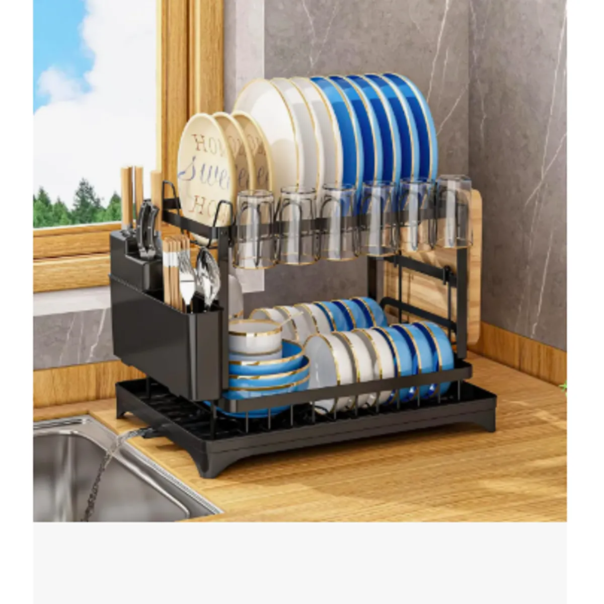 GENERICO - Secador Escurridor De Loza Platos Inoxidable 2 Niveles Negro
