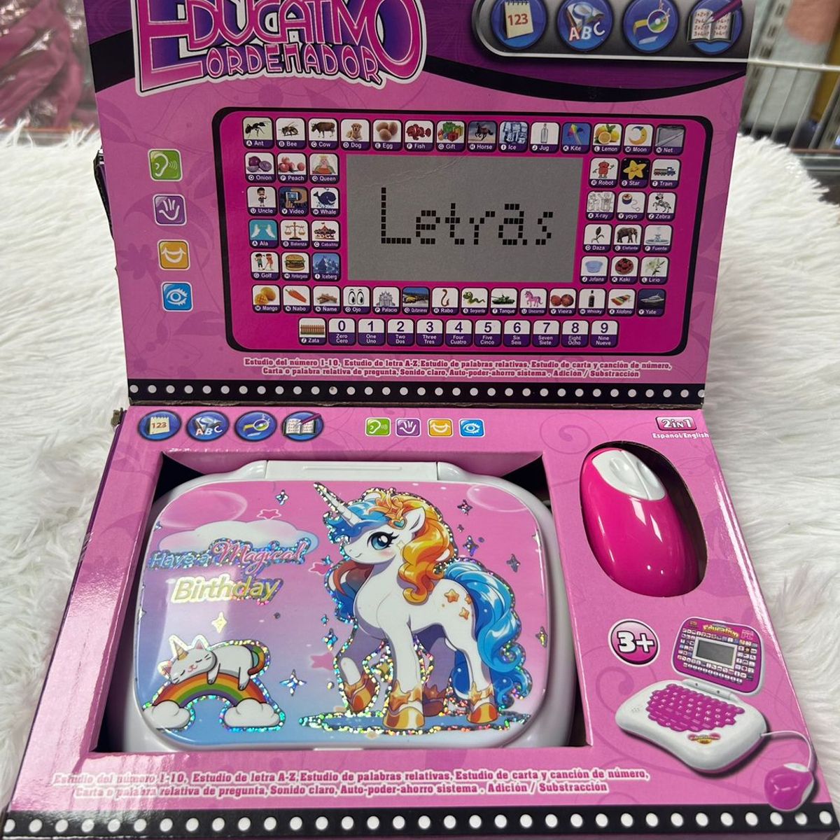 GENERICO - COMPUTADORA EDUCATIVA BILINGUE CON PANTALLA PARA NIÑAS COLOR ROSA CON DISEÑO UNICORNIO WYM